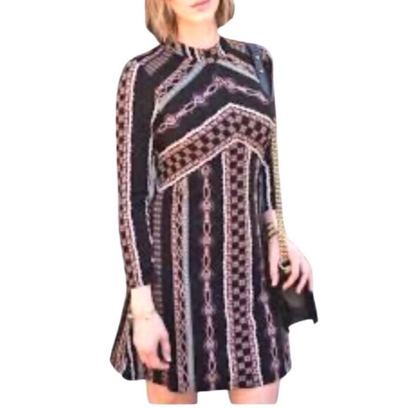 Free People Stella Mini Dress Boho Chic Long Sleeve Geometric Print Medium - Picture 2 of 14